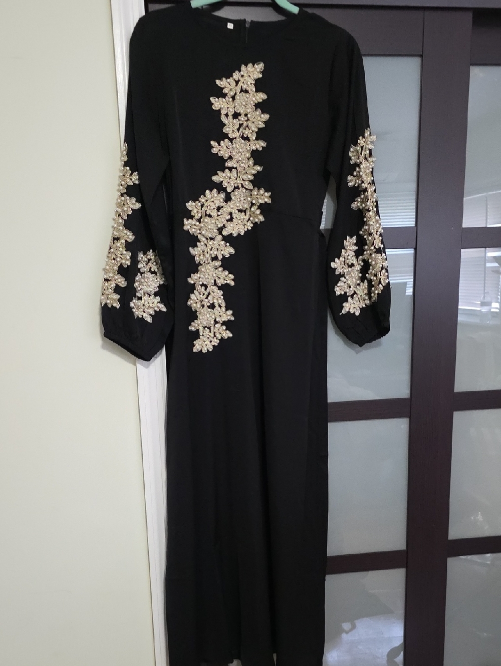 Black Maxi Dress with Gold Floral Appliqué